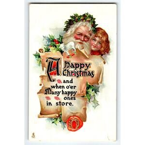 Frances Brundage Tuck's Santa Claus Christmas Postcard with Child & Scroll